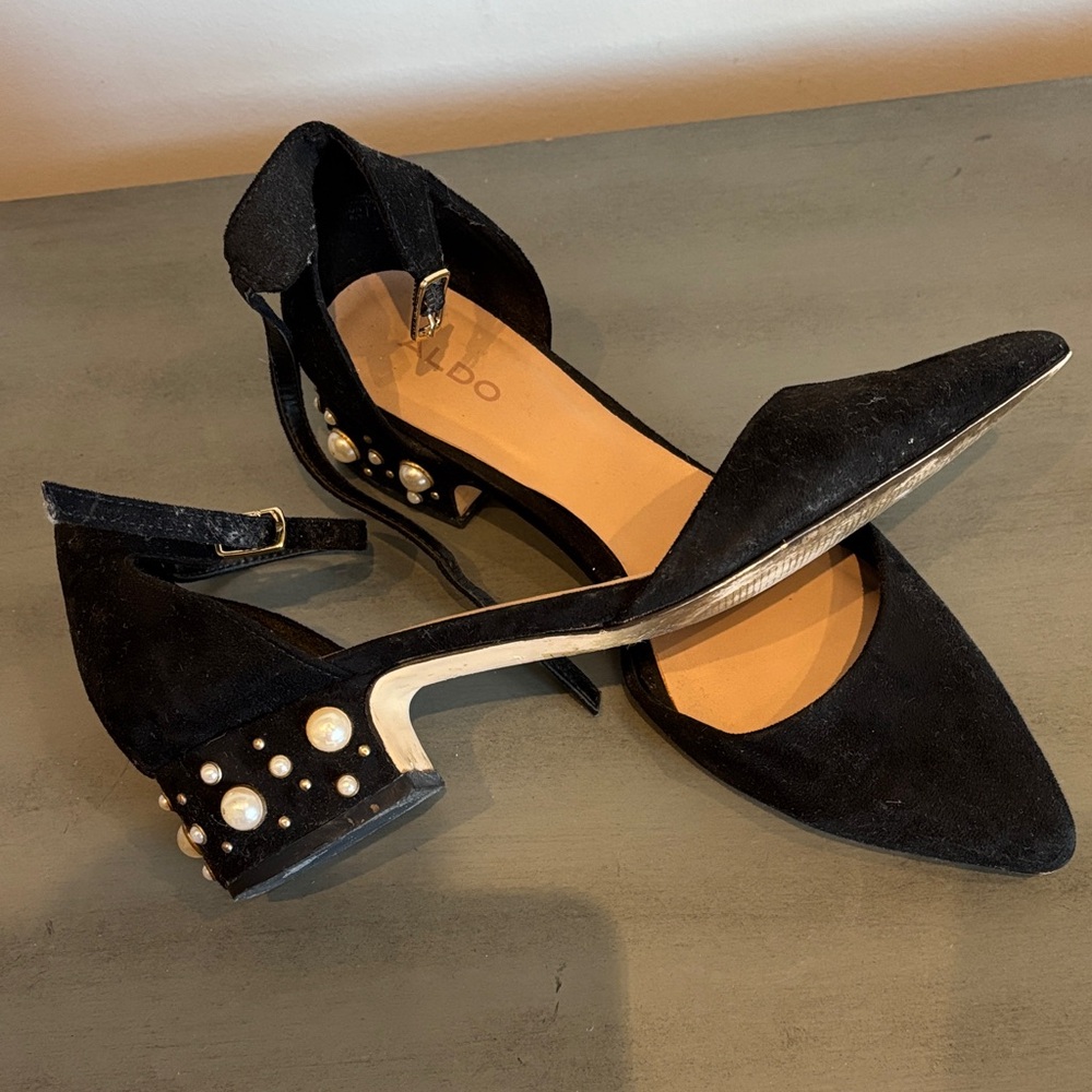 Aldo Black Suede Pointed-Toe D'Orsay Flats with Pearl Heel Accents